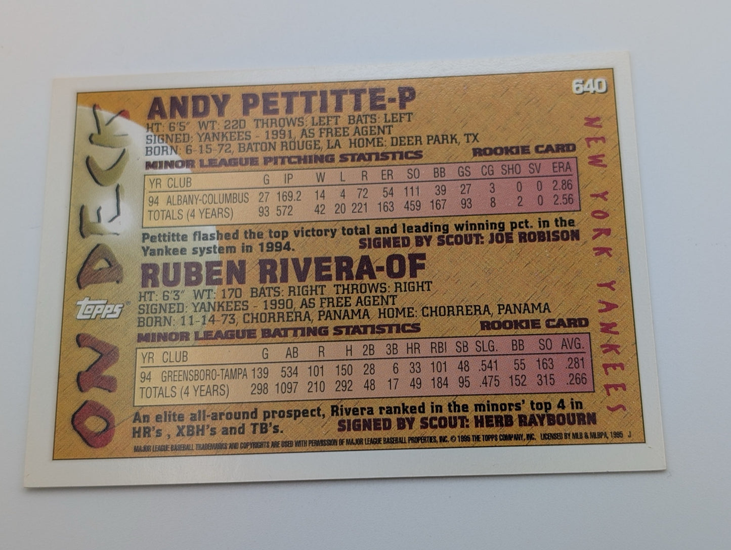 Back of 1995 Topps Pettitte Rivera Rookie card