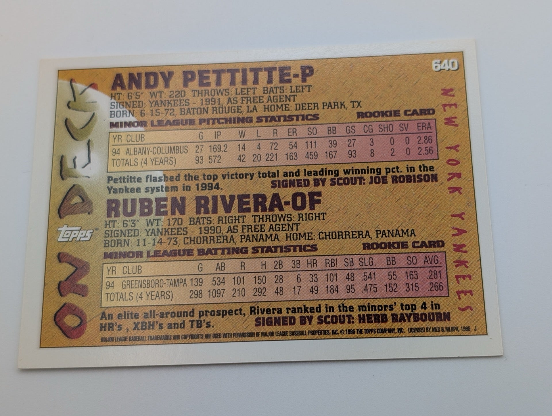 Back of 1995 Topps Pettitte Rivera Rookie card