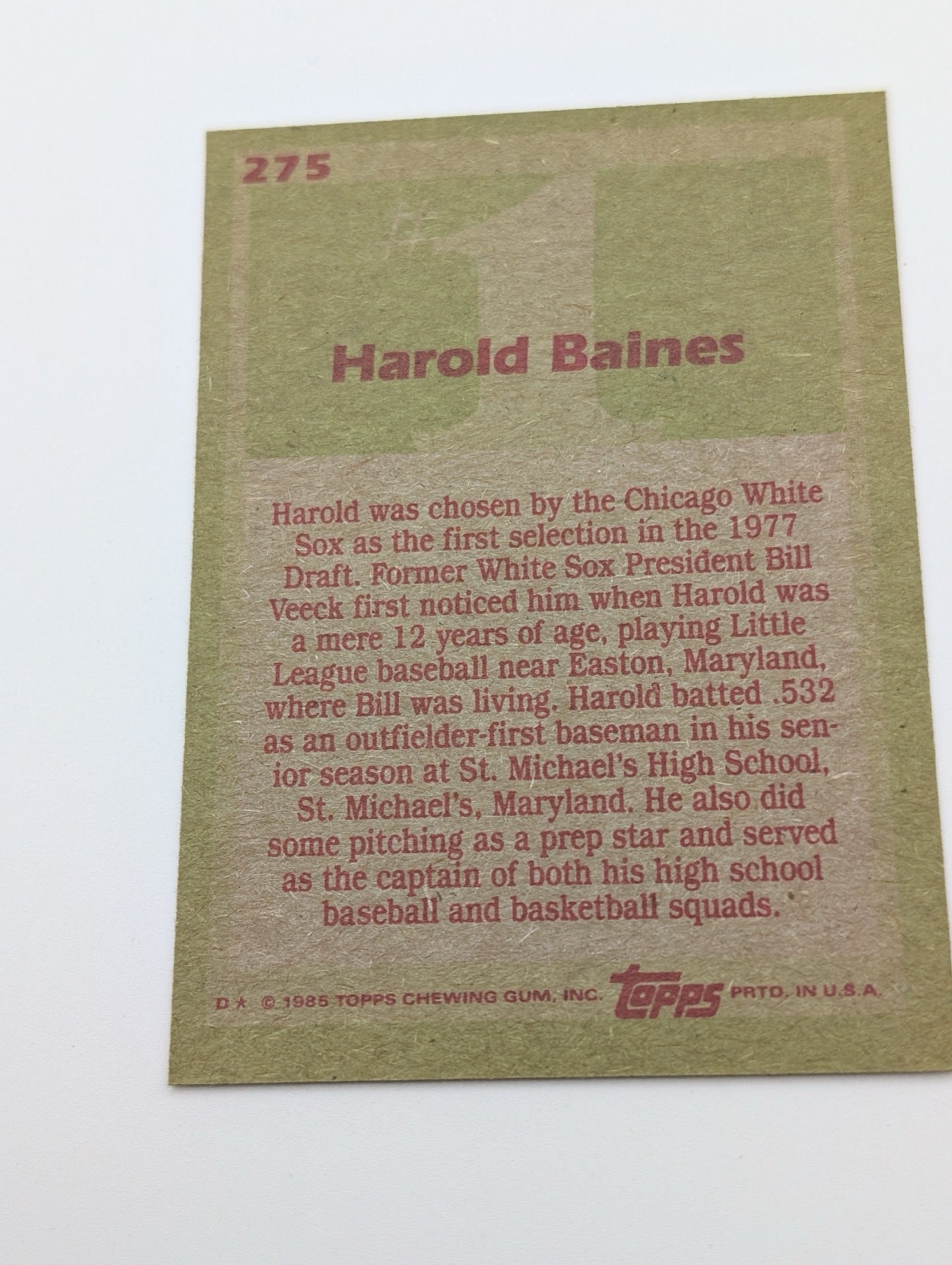 Back of 1985 Topps Harold Baines baseball card