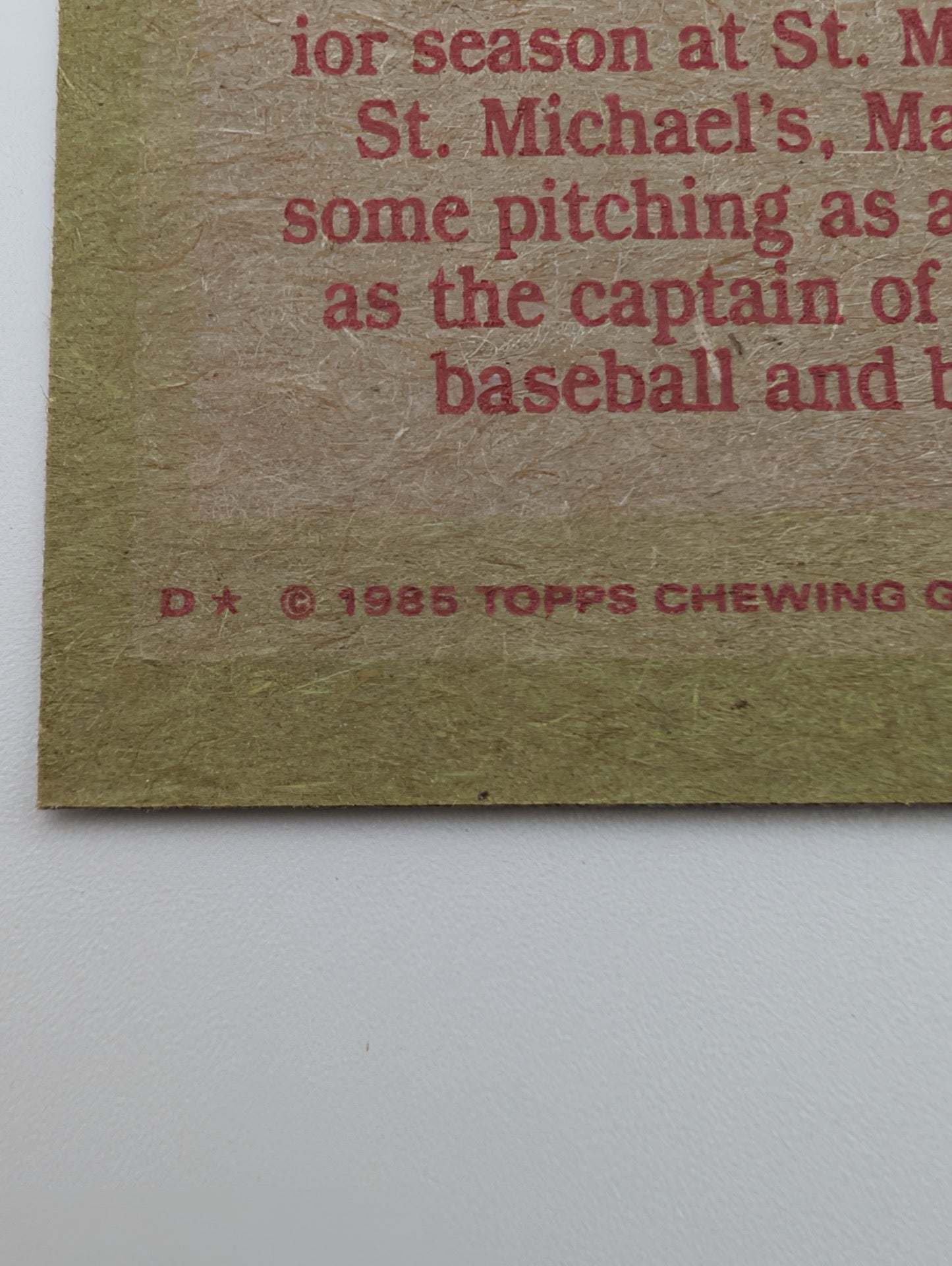 Detail of copyright 1985 Topps on back of card