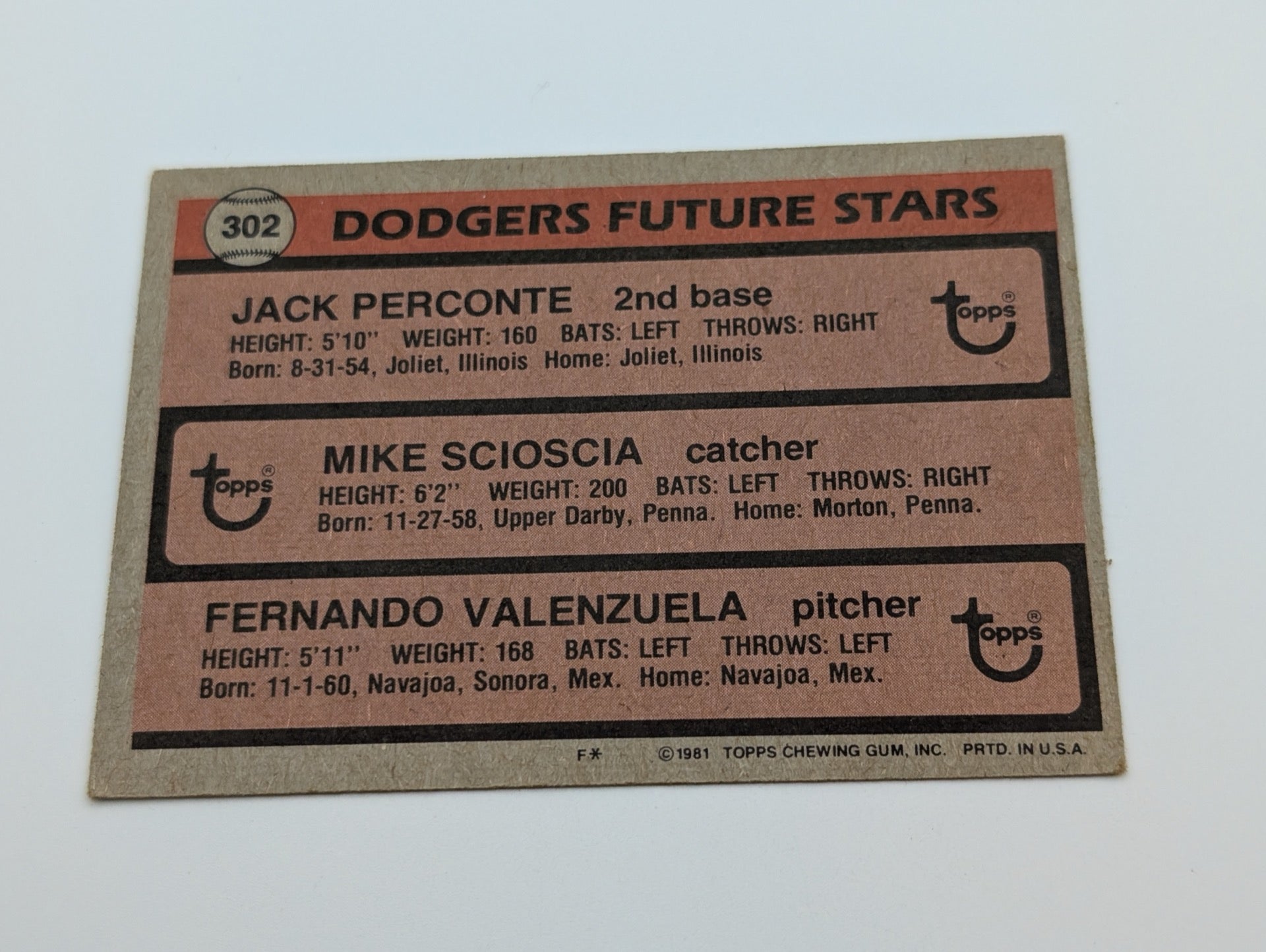 Back of 1981 Topps Dodgers Future Stars card