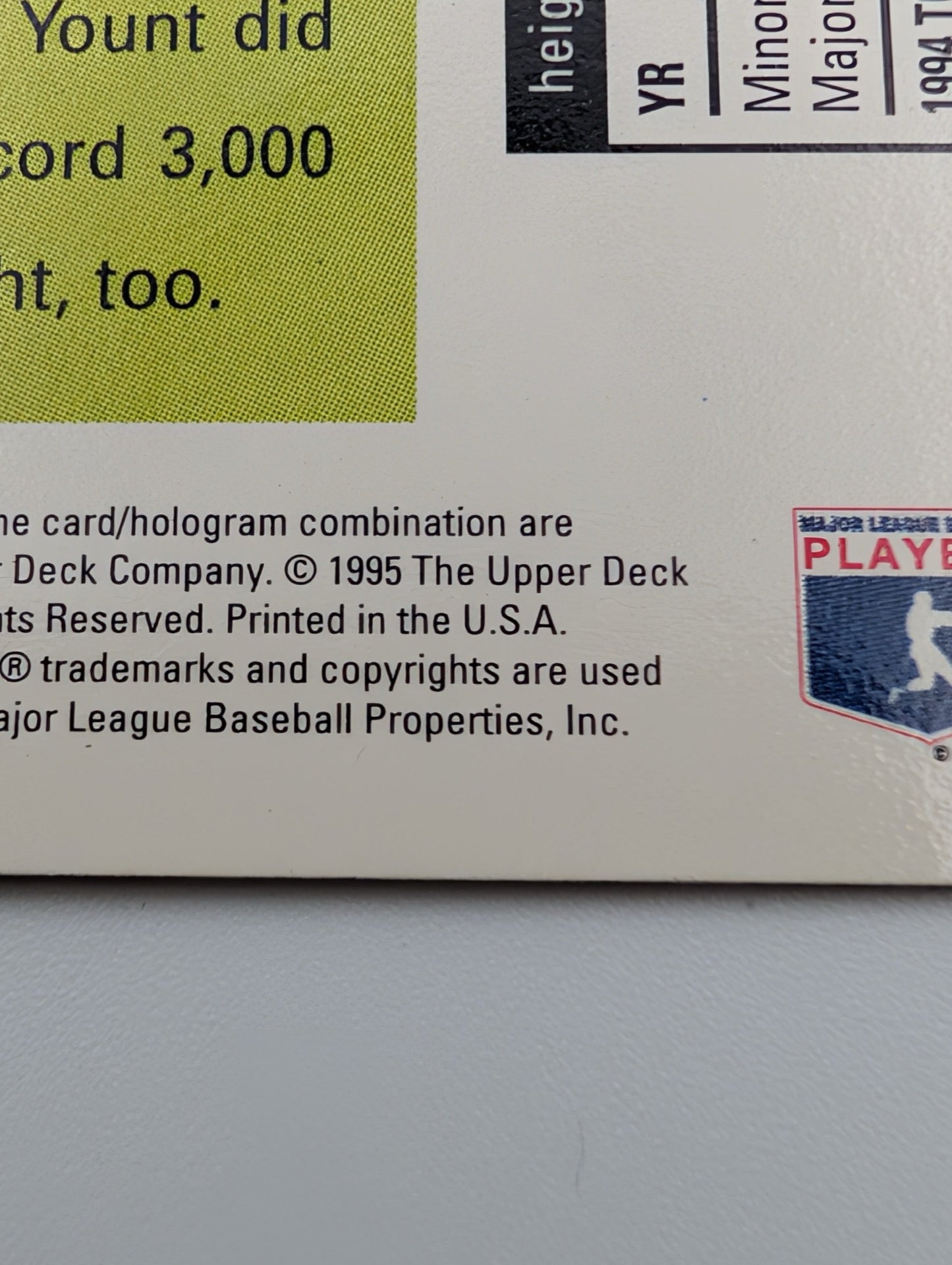 Close up of 1995 Upper Deck hologram and copyright