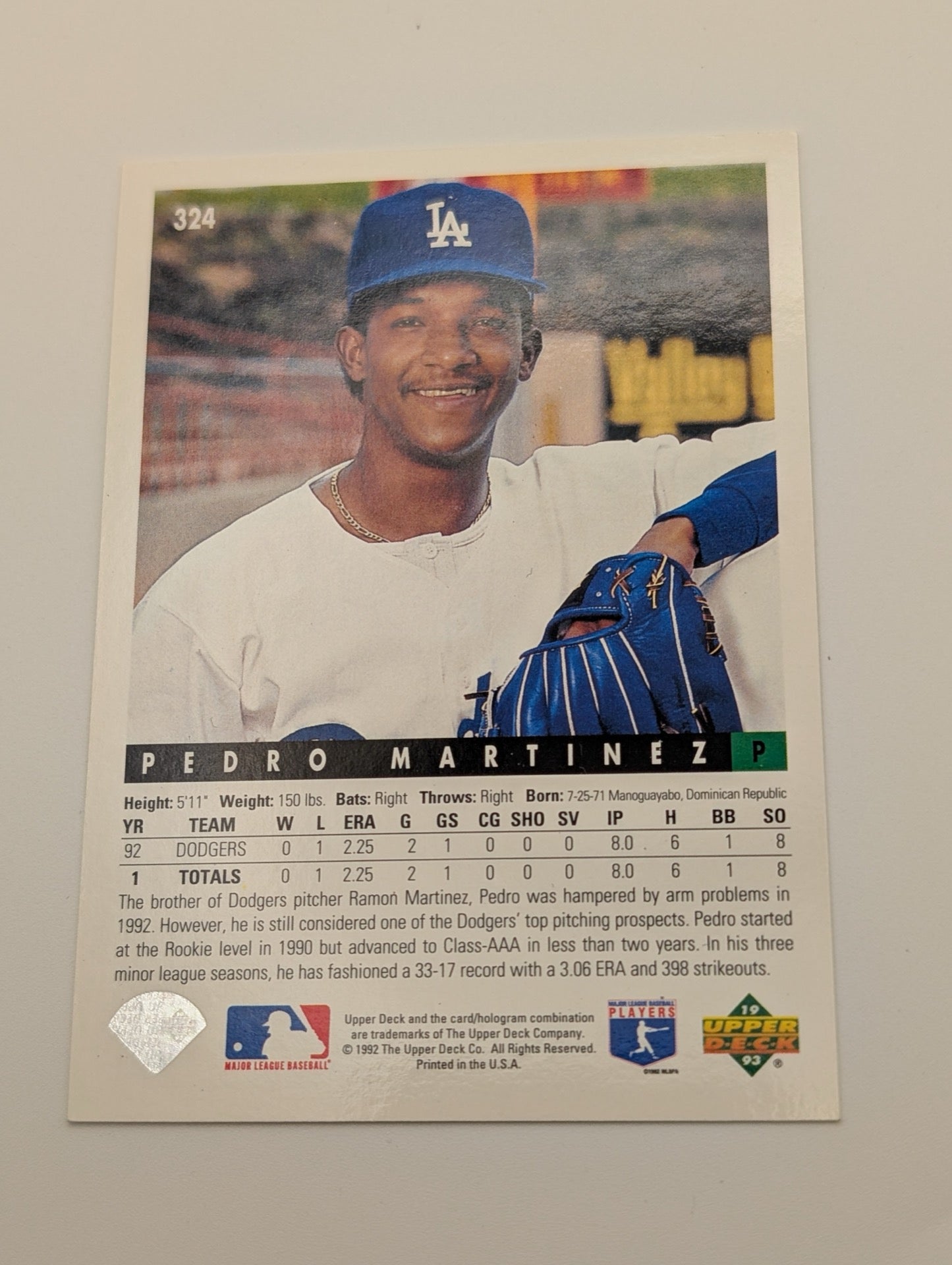 Back of 1993 Upper Deck Pedro Martinez card showing stats