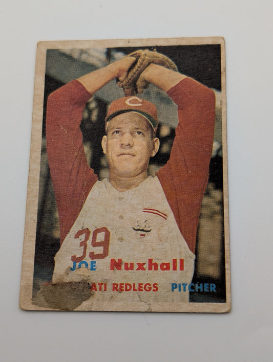 Front of 1957 Topps Joe Nuxhall #103 baseball card showing damage