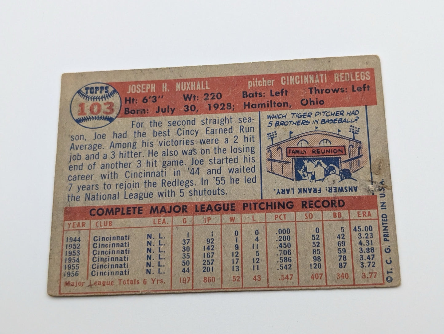 Back of 1957 Topps Joe Nuxhall card