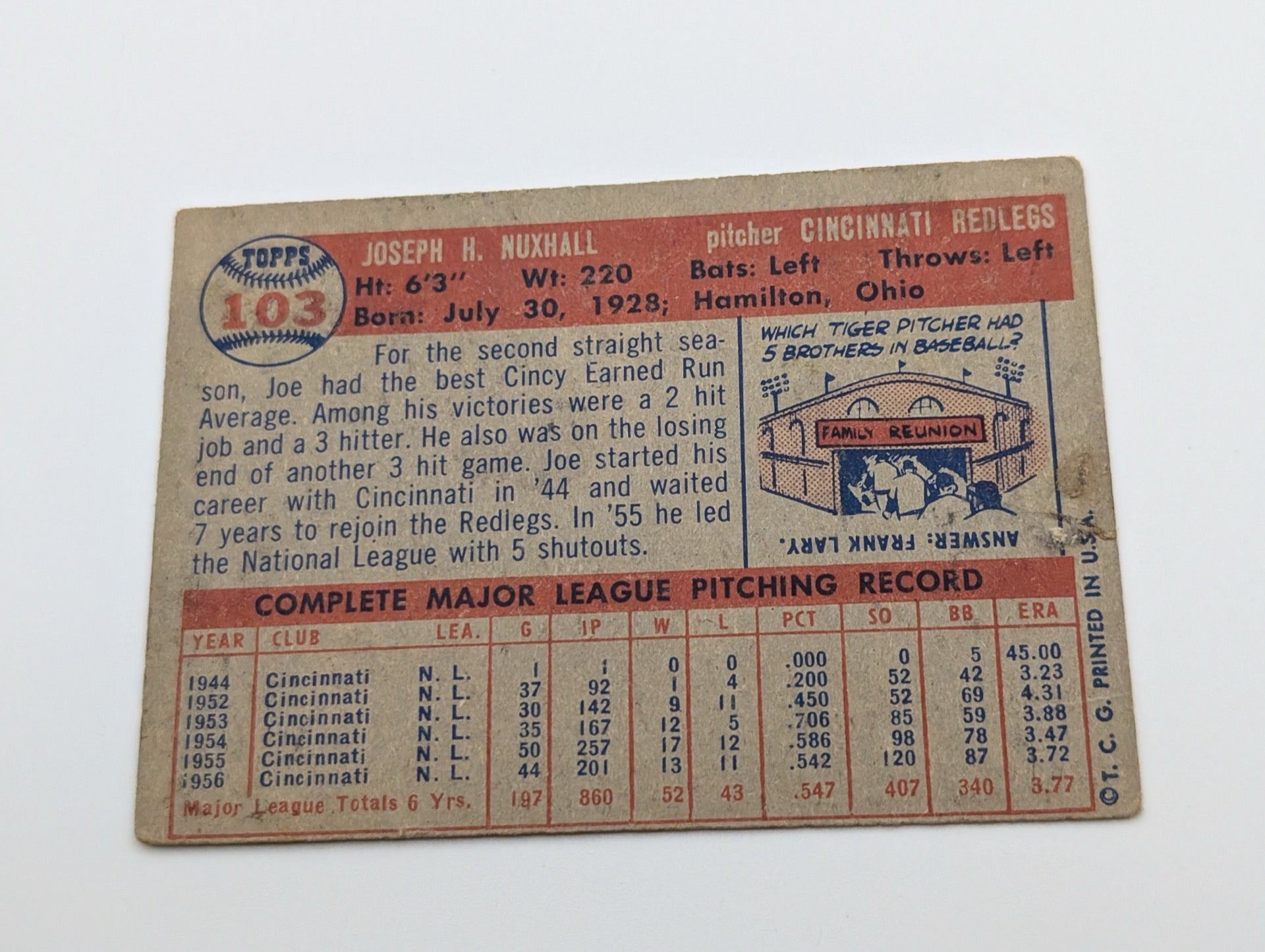 Back of 1957 Topps Joe Nuxhall card