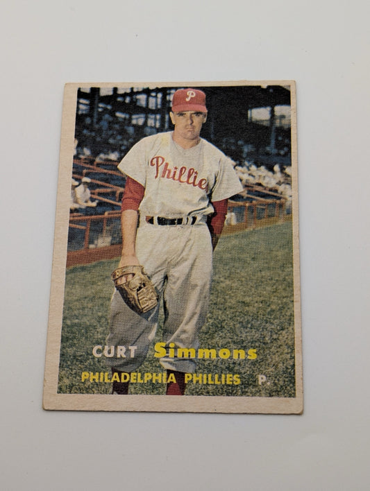 Front of 1957 Topps Curt Simmons #158 baseball card