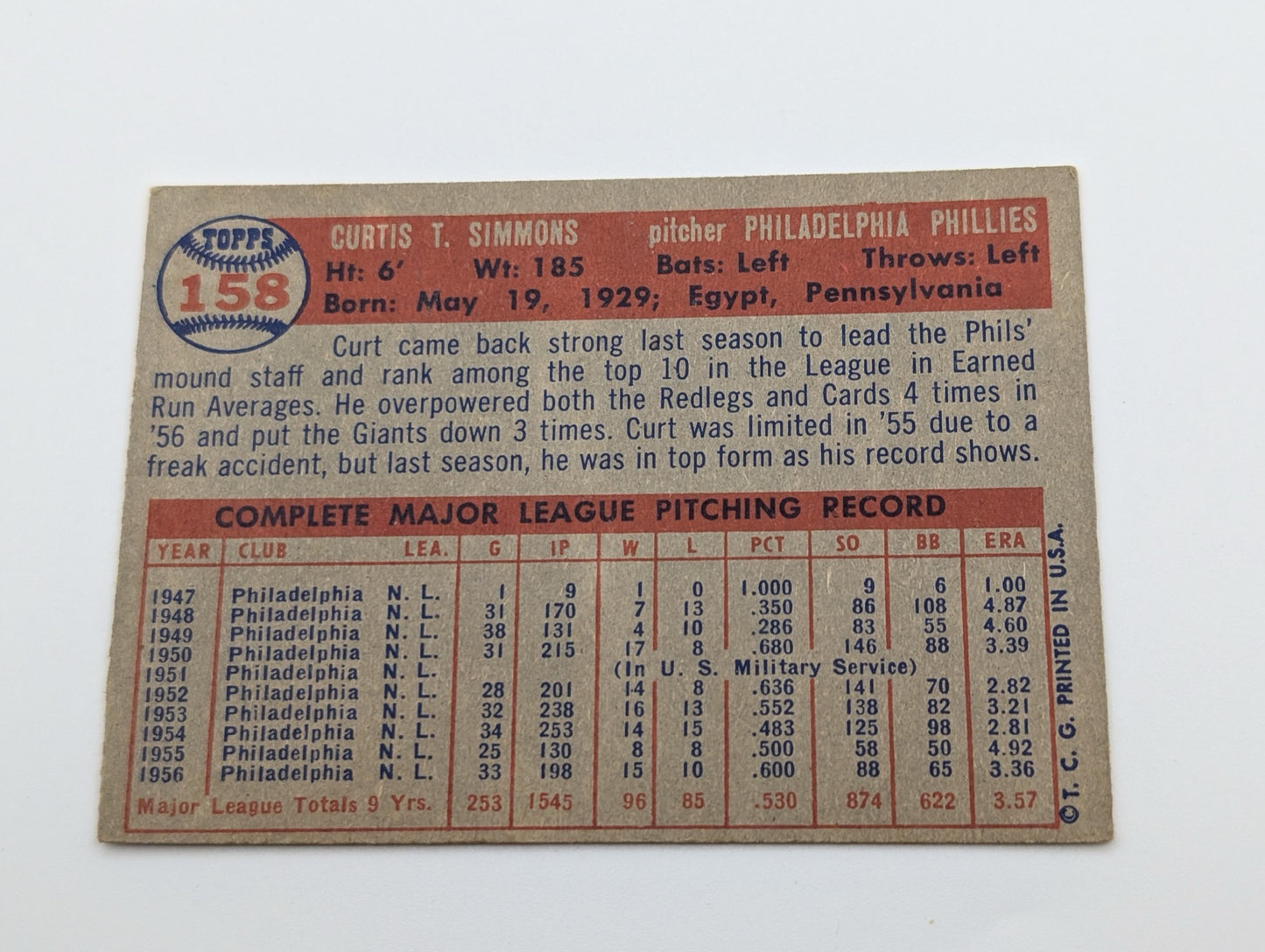 Top back of 1957 Topps Curt Simmons #158 baseball card