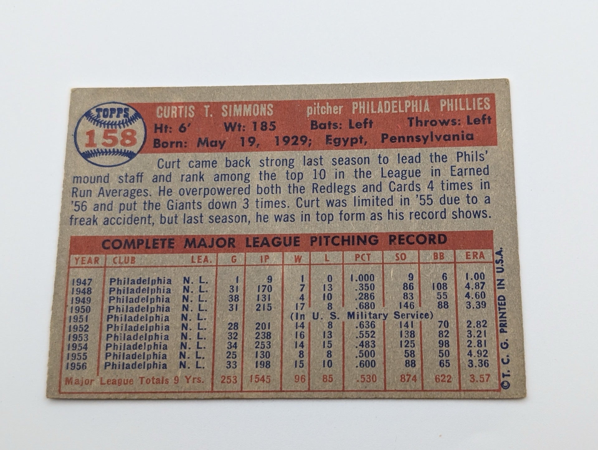 Top back of 1957 Topps Curt Simmons #158 baseball card