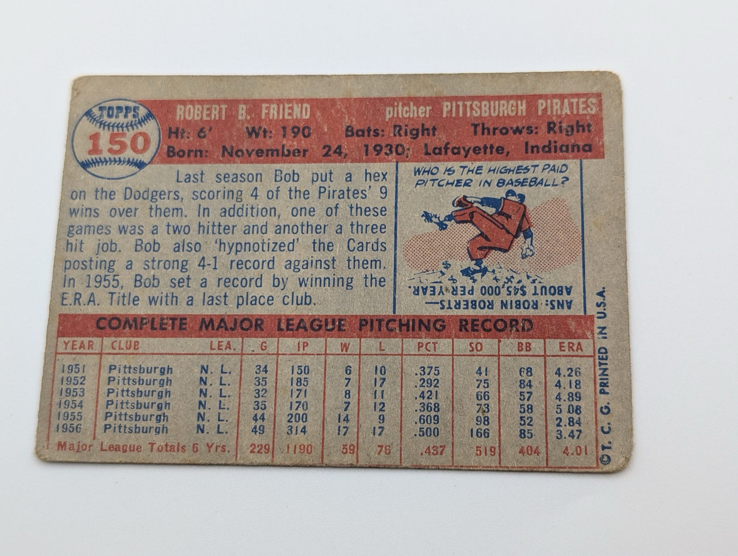 Top back of 1957 Topps Bob Friend #150 baseball card