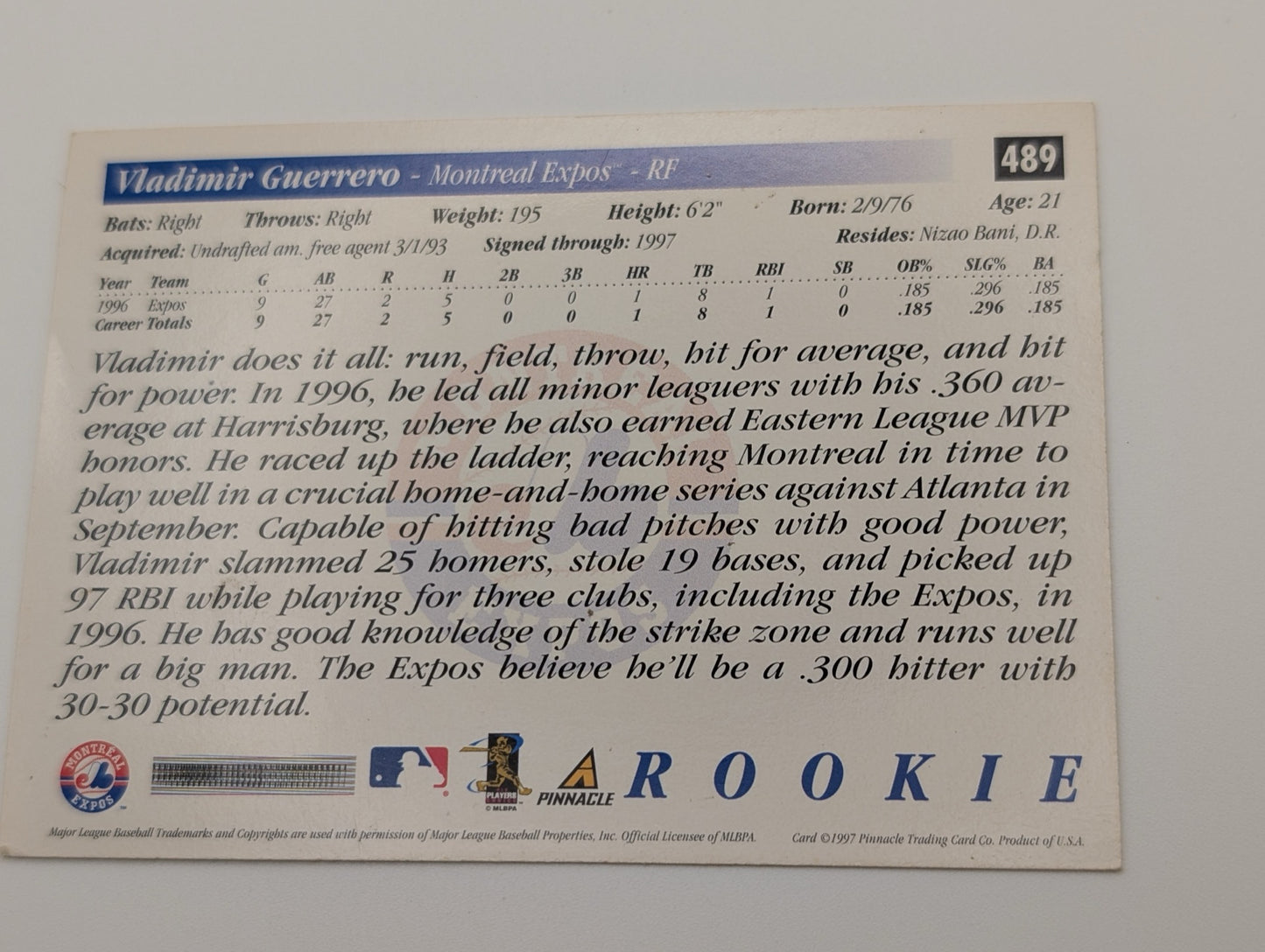 Back of 1997 Score Pinnacle Vladimir Guerrero Rookie card