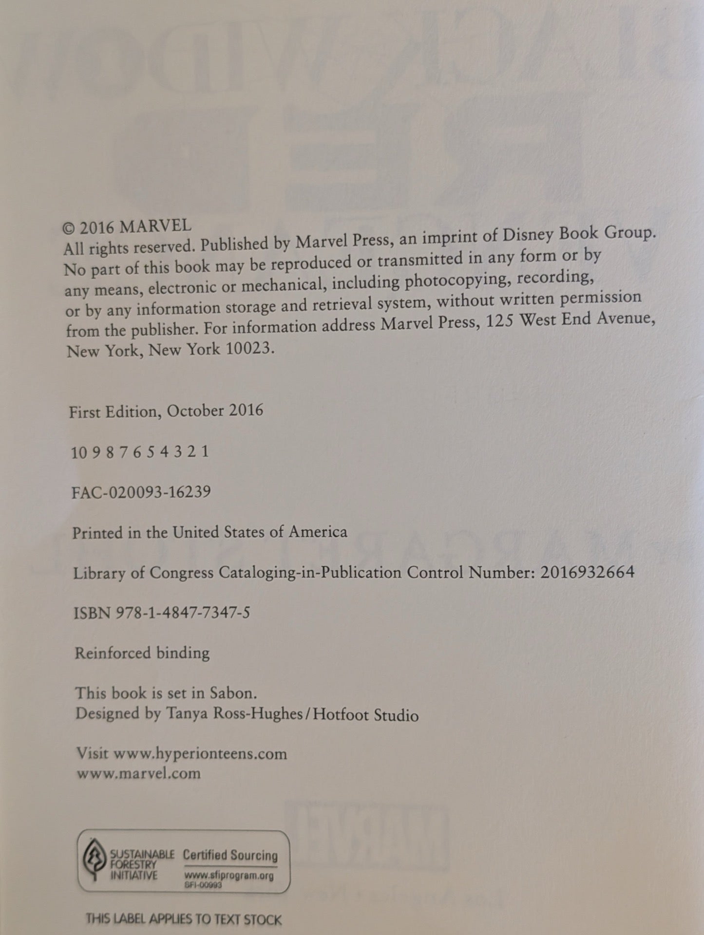 Copyright page showing 2016 First Edition Marvel Press