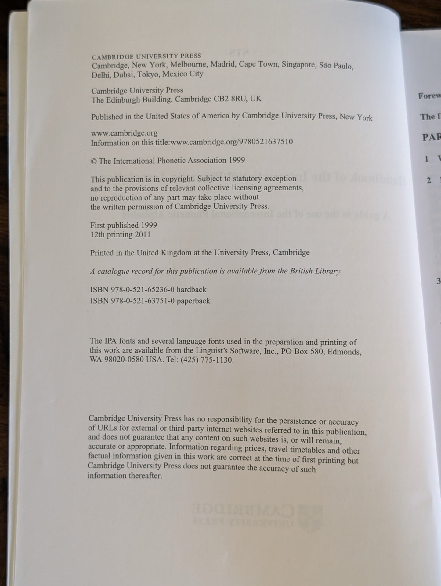 Copyright page showing 1999 pub and 2011 printing