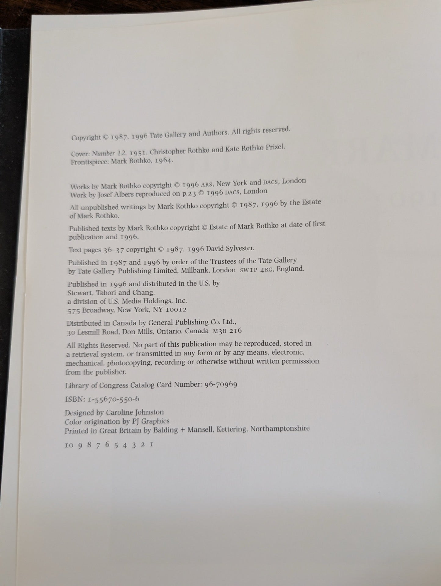Copyright page of Mark Rothko Tate Gallery book
