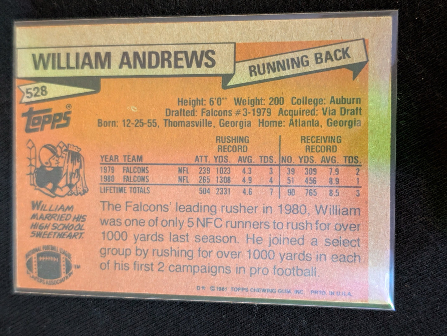William Andrews Falcons Vintage Topps Lot (2) 1980-81 RB 4x Pro Bowl Star
