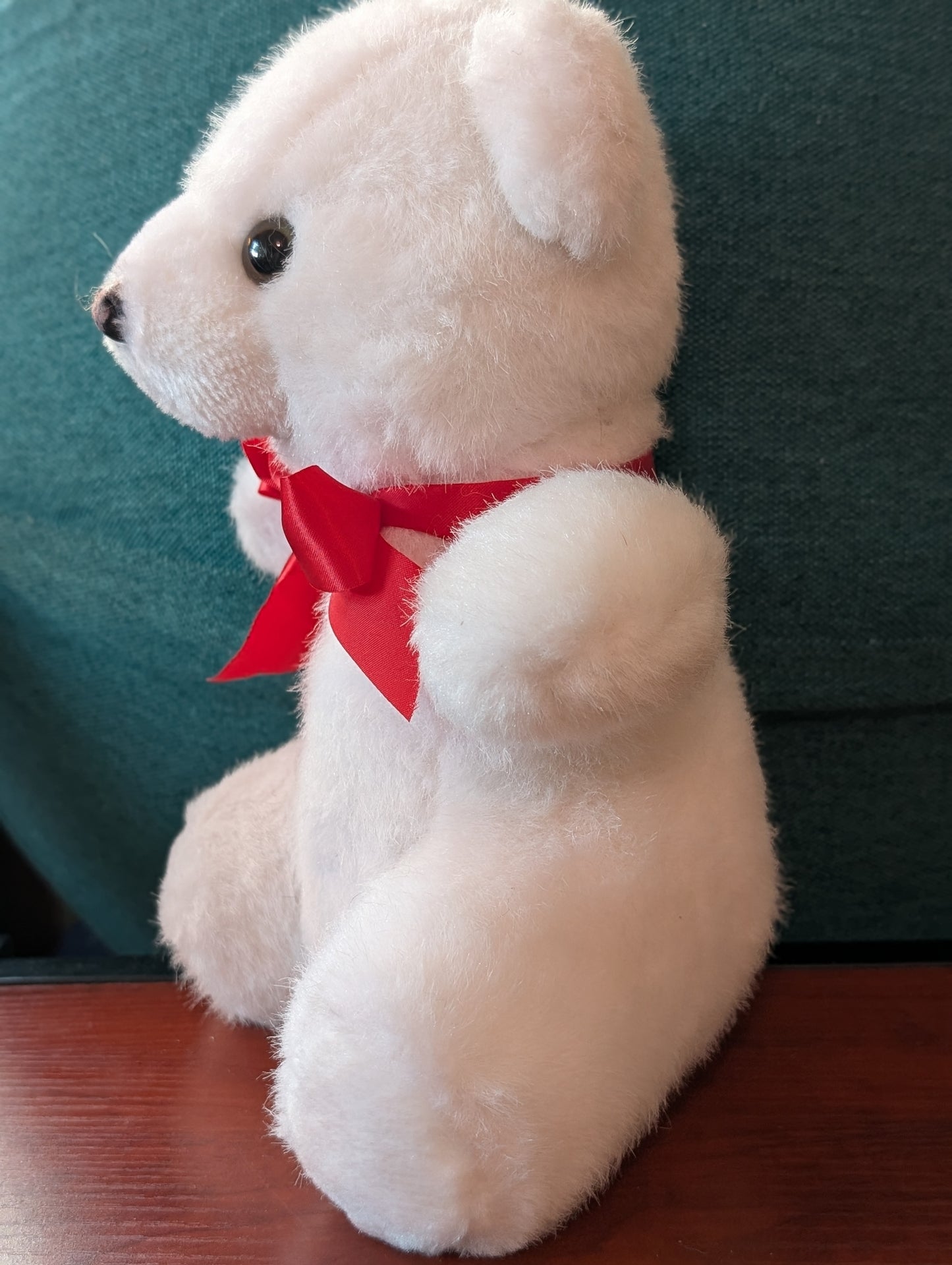 Vintage White Bear Plush Red Bow Black Soft Nose Polar Bear Sasco Inc