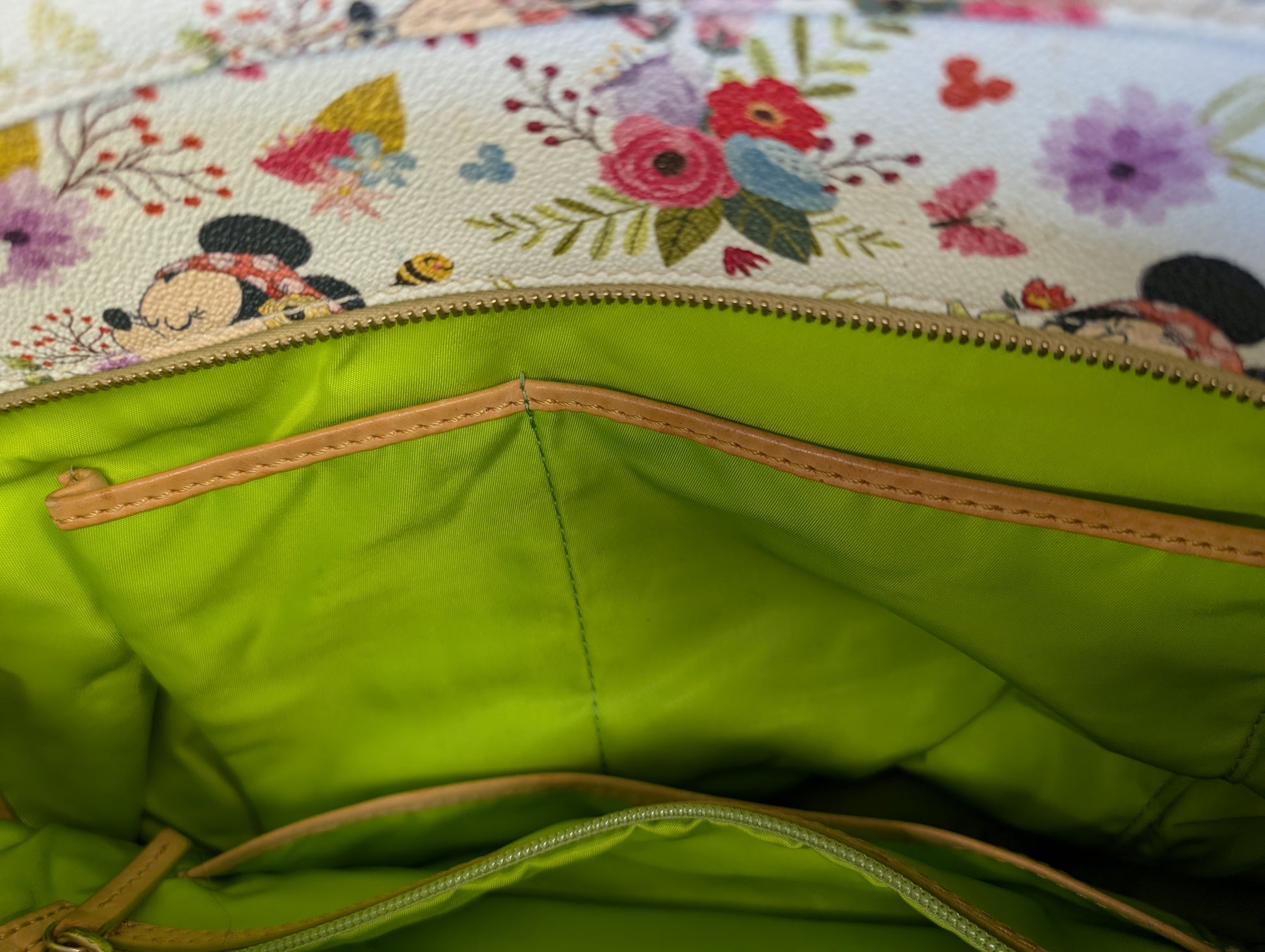 Epcot International Flower & Garden Festival 2018 Tote Bag from Dooney & Bourke - 2018 Passholder Exclusive Handbag (Coated Cotton, Leather Tote Bag, Disney Characters, Gardening, Epcot, Pink, Tan, Multi-color)