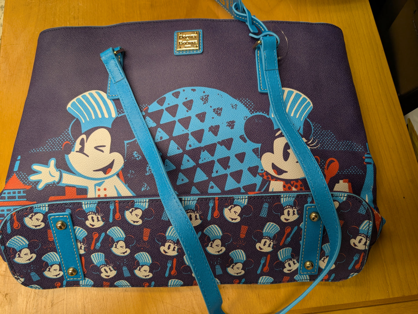 Epcot International Food & Wine Festival 2023 Tote Bag from Dooney & Bourke - 2023 Handbag (Coated Cotton, Leather Tote Bag, Disney Characters, Food, Epcot, Navy Blue, Bright Blue)