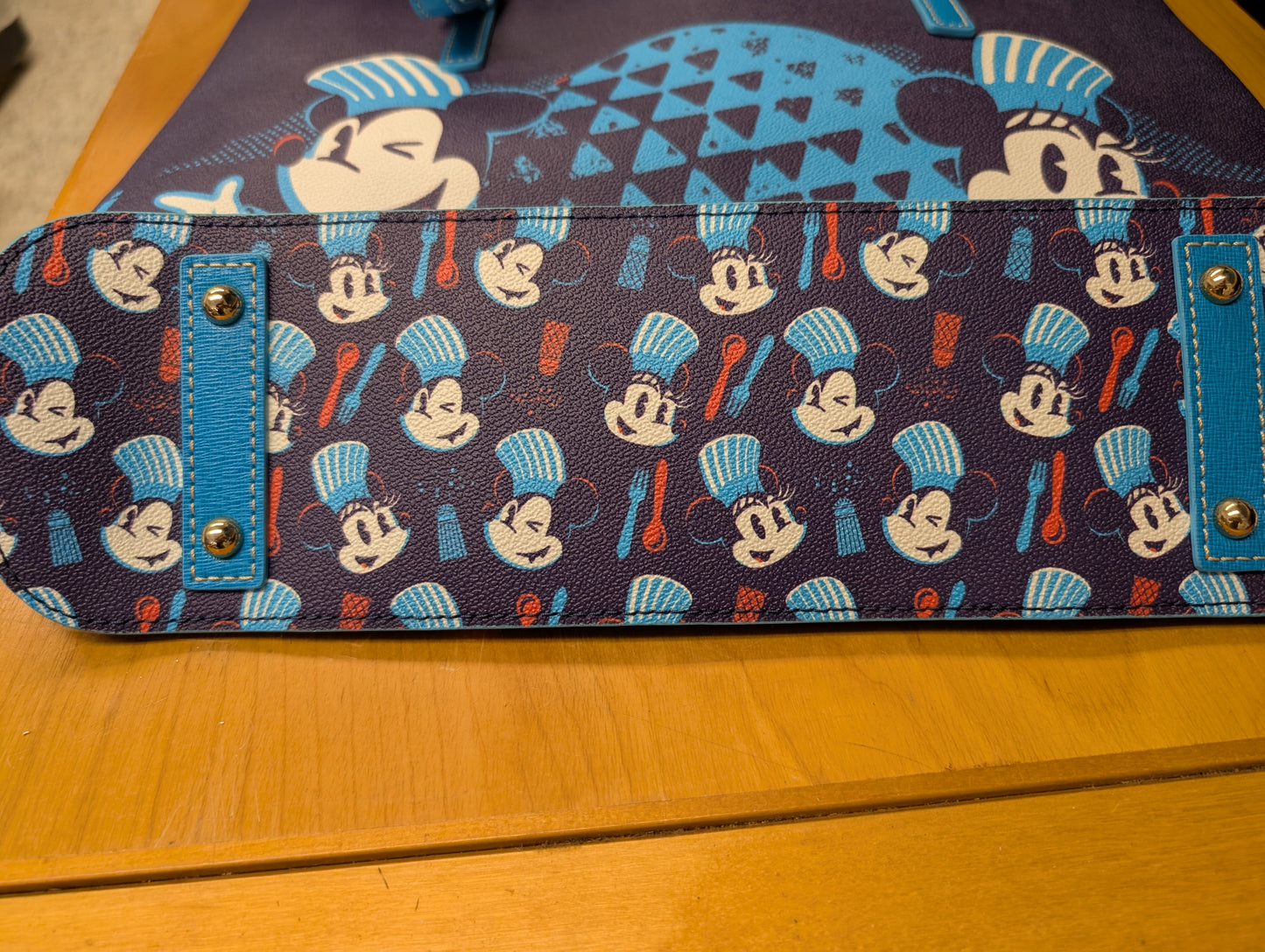 Epcot International Food & Wine Festival 2023 Tote Bag from Dooney & Bourke - 2023 Handbag (Coated Cotton, Leather Tote Bag, Disney Characters, Food, Epcot, Navy Blue, Bright Blue)