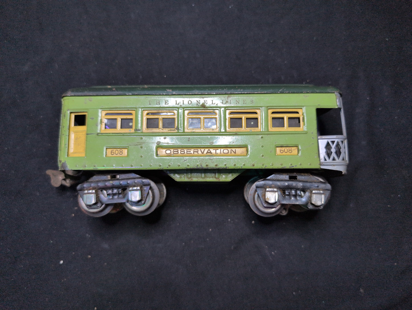 Lionel Pre-war O-Gauge #608 Observation Car Green Tinplate w/ Original Box 608